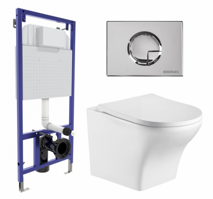 Комплект 3 в 1 инсталляция Berges Wasserhaus Novum 040223 + Подвесной унитаз WeltWasser Odenbach 004 GL-WT + кнопка хром