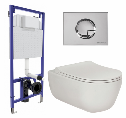 Комплект 3 в 1 инсталляция Berges Wasserhaus Novum 040223 + Унитаз подвесной Berges Wasserhaus Ego XL 082118 + кнопка хром