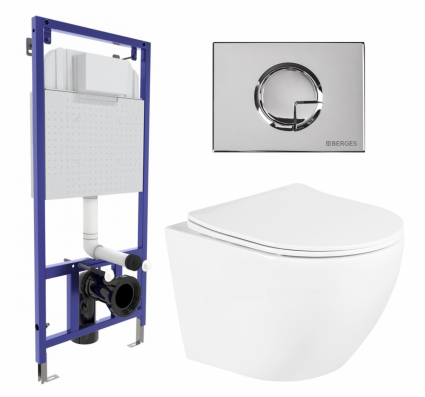 Комплект 3 в 1 инсталляция Berges Wasserhaus Novum 040223 + Унитаз подвесной BelBagno Uno BB3105CHR/SC + кнопка хром