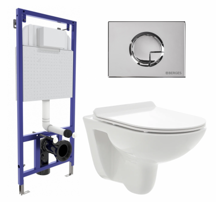Комплект 3 в 1 инсталляция Berges Wasserhaus Novum 040223 + Унитаз подвесной AQUAme AQM2008 + кнопка хром