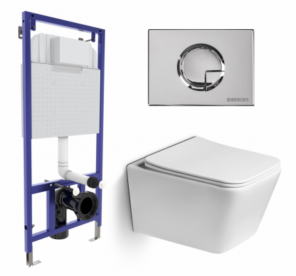 Комплект 3 в 1 инсталляция Berges Wasserhaus Novum 040223 + Унитаз подвесной SantiLine SL-5007 + кнопка хром