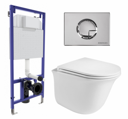 Комплект 3 в 1 инсталляция Berges Wasserhaus Novum 040223 + Подвесной унитаз WeltWasser Telbach 004 GL-WT + кнопка хром