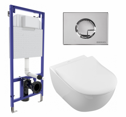 Комплект 3 в 1 инсталляция Berges Wasserhaus Novum 040223 + Унитаз подвесной Villeroy & Boch Subway 2.0 5614R201 + кнопка хром