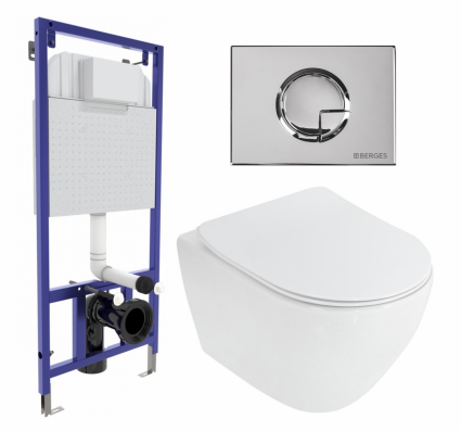 Комплект 3 в 1 инсталляция Berges Wasserhaus Novum 040223 + Унитаз подвесной Cezares Stylus CZR-513-TH-R + кнопка хром
