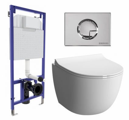 Комплект 3 в 1 инсталляция Berges Wasserhaus Novum 040223 + Унитаз подвесной VitrA Sento 7748В003-0075 + кнопка хром