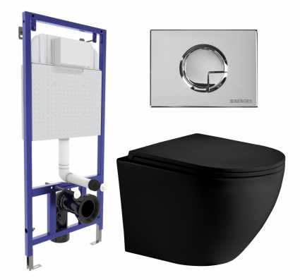 Комплект 3 в 1 инсталляция Berges Wasserhaus Novum 040223 + Унитаз подвесной Weltwasser WW Merzbach 043 MT-BL + кнопка хром