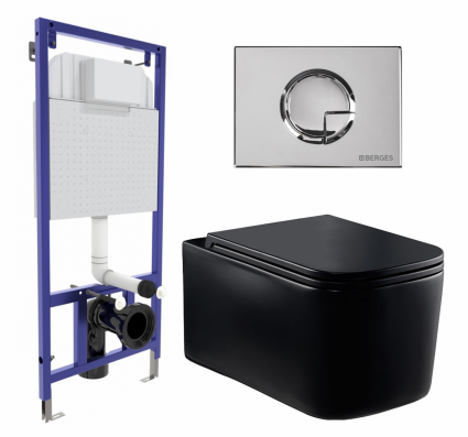 Комплект 3 в 1 инсталляция Berges Wasserhaus Novum 040223 + Унитаз Vincea Ultra Rimless VT1-32MB + кнопка хром