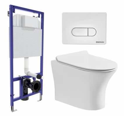 Комплект 3 в 1 инсталляция Berges Wasserhaus Novum 040231 + Подвесной безободковый унитаз CeruttiSpa Bernina aria CT7191 + кнопка белая