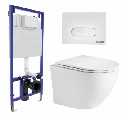 Комплект 3 в 1 инсталляция Berges Wasserhaus Novum 040231 + Подвесной унитаз WeltWasser Merzbach 043 GL-WT + кнопка белая