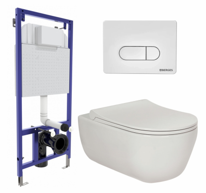 Комплект 3 в 1 инсталляция Berges Wasserhaus Novum 040231 + Унитаз подвесной Berges Wasserhaus Ego XL 082118 + кнопка белая