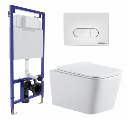 Комплект 3 в 1 инсталляция Berges Wasserhaus Novum 040231 + Подвесной унитаз SinteSi BALTI + кнопка белая
