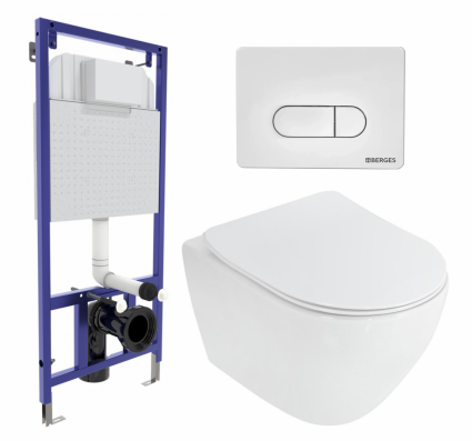 Комплект 3 в 1 инсталляция Berges Wasserhaus Novum 040231 + Унитаз подвесной Cezares Stylus CZR-513-TH-R + кнопка белая