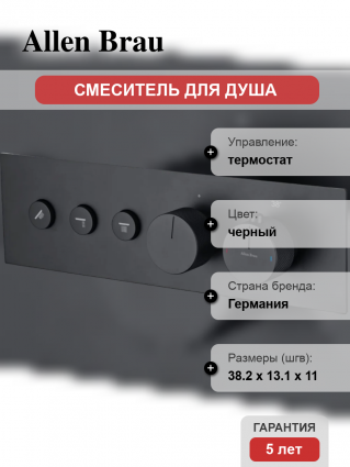 Термостатический смеситель Allen Brau Liberty 5.33003-31 С ВНУТРЕННЕЙ ЧАСТЬЮ, матовый черный, термостат