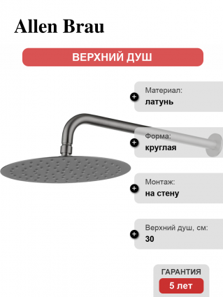 Верхний душ Allen Brau Priority 5.31A17-MG графит штанга 13.2 см, размер 30 см