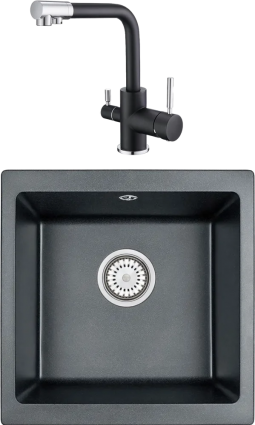 Комплект Мойка кухонная Emar Quartz + Смеситель 3003N.12 Оникс матовая, квадратная