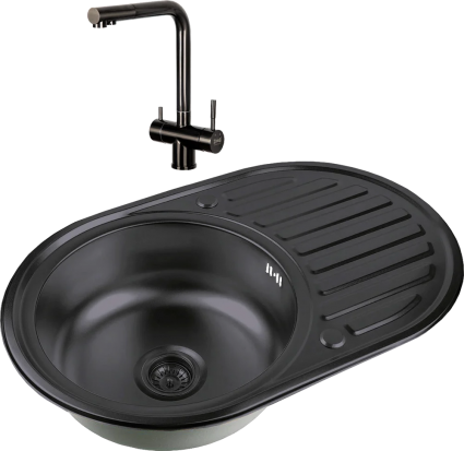 Комплект Мойка кухонная Zorg Inox PVD SZR 7750  GRAFIT графит + Смеситель Inox SZR-7039 GRAFIT графит брашированная, овальная