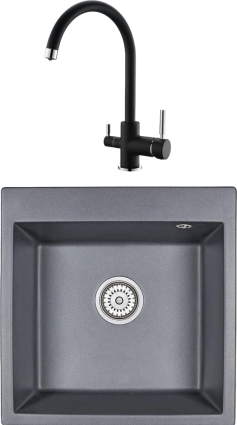 Комплект Мойка кухонная Emar Quartz + Смеситель 3007.12 Оникс матовая, квадратная
