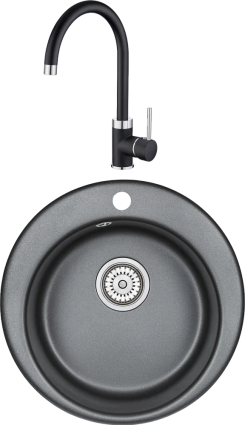 Комплект Мойка кухонная Emar Quartz + Смеситель 3004.12 Оникс матовая, круглая