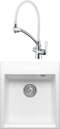 Комплект Мойка кухонная Polygran Argo 460 белый хлопок + Смеситель Lemark Comfort LM3070C-White с гибким изливом, хром, белый, матовая, квадратная