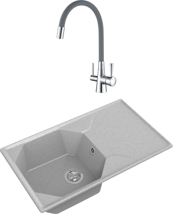 Комплект Мойка кухонная GranFest Unique U-840L серая + Смеситель Lemark Comfort LM3075C-Gray с гибким изливом, хром, серый, матовая, прямоугольная