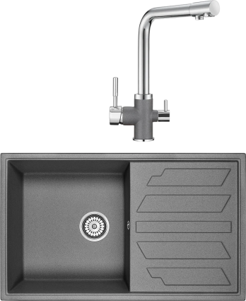 Комплект Мойка кухонная Granula GR-8601 графит + Смеситель GR-3015 графит матовая, прямоугольная