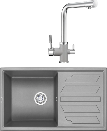 Комплект Мойка кухонная Granula GR-8601 алюминиум + Смеситель GR-3015 алюминиум матовая, прямоугольная