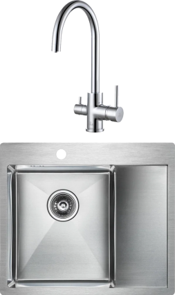Комплект Мойка кухонная Paulmark Flank PM225951-BSL брашированная нержавеющая сталь L + Смеситель Essen Es213211-CR хром прямоугольная, с крылом