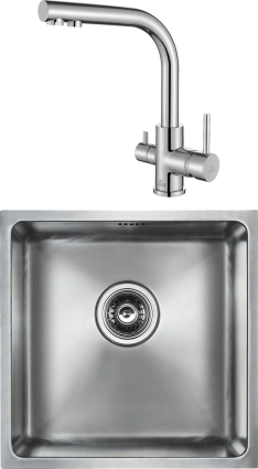 Комплект Мойка кухонная Paulmark Lassan 304444-BS брашированная нержавеющая сталь + Смеситель Essen 213011-СR хром квадратная,  в современном стиле