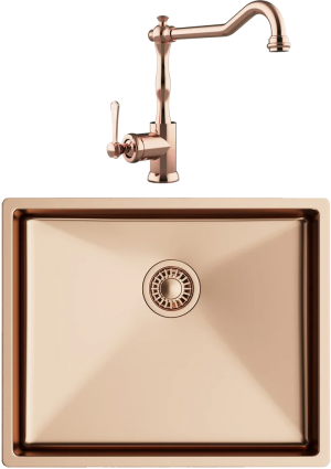 Комплект Мойка кухонная TopZero TNL ColorX 17 500 GOLD ROSE медь + Смеситель Rubato медь полированная, прямоугольная