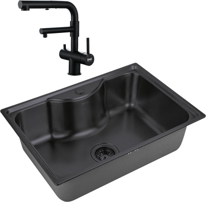 Комплект Мойка кухонная Zorg Inox PVD SZR 6545 GRAFIT графит + Смеситель Sanitary SZR-3216 Grafit графит брашированная, прямоугольная
