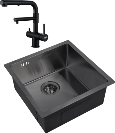 Комплект Мойка кухонная Zorg Inox PVD 4444 grafit + Смеситель Sanitary SZR-3216 Grafit графит брашированная, квадратная