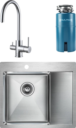 Комплект Мойка кухонная Paulmark Flank PM225951-BSL брашированная нержавеющая сталь L + Смеситель Essen Es213211-CR хром + Измельчитель Intenso прямоугольная, с крылом