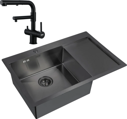 Комплект Мойка кухонная Zorg Inox PVD 7851 L grafit + Смеситель Sanitary SZR-3216 Grafit графит брашированная, прямоугольная