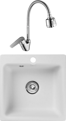 Комплект Мойка кухонная GranFest Smart SM 430 белый + Смеситель Rossinka S S35-26 с гибким изливом, матовая, квадратная