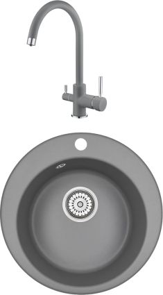 Комплект Мойка кухонная Emar Quartz + Смеситель 3007.9 Алмаз матовая, круглая