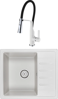 Комплект Мойка кухонная Granula Standart ST-5803 белая + Смеситель Clever Chef 99733 белый, с гибким изливом, матовая, прямоугольная
