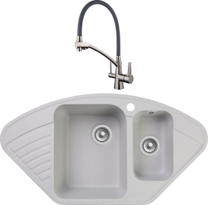 Комплект Мойка кухонная GranFest Quarz Z 14 серая + Смеситель Gappo G4398 с гибким изливом, сатин, серый, матовая, многоугольная
