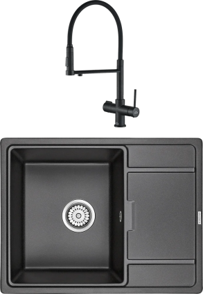 Комплект Мойка кухонная Paulmark Flugen 50-650 PM216550-BL черный + Смеситель Steel Hammer SH 2003 BLACK черный, с гибким изливом, матовая, прямоугольная