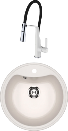 Комплект Мойка кухонная Ulgran U-601 -331 белая + Смеситель Clever Chef 99733 белый, с гибким изливом, матовая, круглая