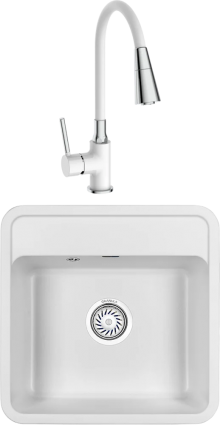 Комплект Мойка кухонная Granula Standart + Смеситель Frap H44-8 F4044-8 с гибким изливом, белый, матовая, квадратная