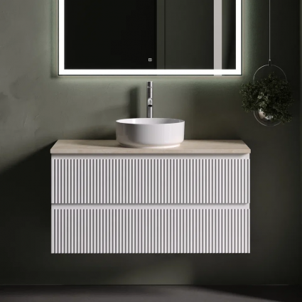 Тумба с раковиной Sancos Snob R 100 см, bianco, столешница бежевая, раковина CN5001, подвесная, матовая