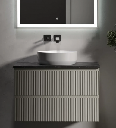 Тумба с раковиной Sancos Snob R 80 см, beige soft, столешница черный мрамор, раковина CN6022, подвесная, матовая