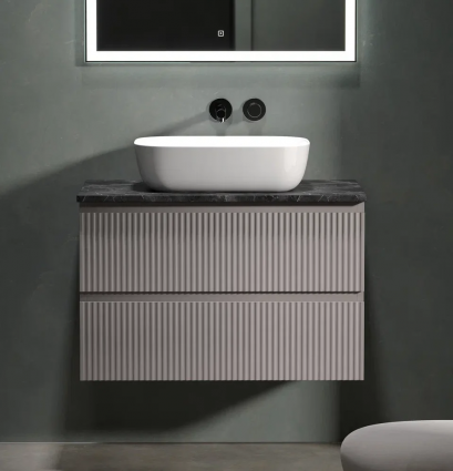 Тумба с раковиной Sancos Snob R 80 см, doha soft, столешница черный мрамор, раковина CN6008, подвесная, матовая