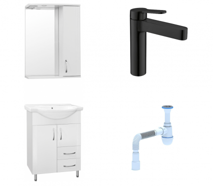 Комплект: Мебель для ванной Style Line Эко Стандарт №10/2 60 + Смеситель BelBagno Delta DEL-LVM-NERO черный + Сифон АниПласт