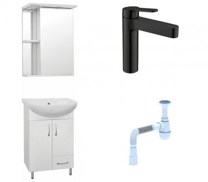 Комплект: Мебель для ванной Style Line Эко Стандарт №10 50 + Смеситель BelBagno Delta DEL-LVM-NERO черный + Сифон АниПласт