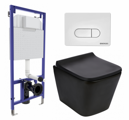 Комплект 3 в 1 инсталляция Berges Wasserhaus Novum 040231 + Подвесной унитаз WeltWasser Gelbach 043 MT-BL + кнопка белая