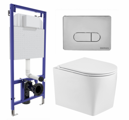 Комплект 3 в 1 инсталляция Berges Wasserhaus Novum 040233 + Унитаз подвесной WeltWasser Nesenbach 004 GL-WT + кнопка хром