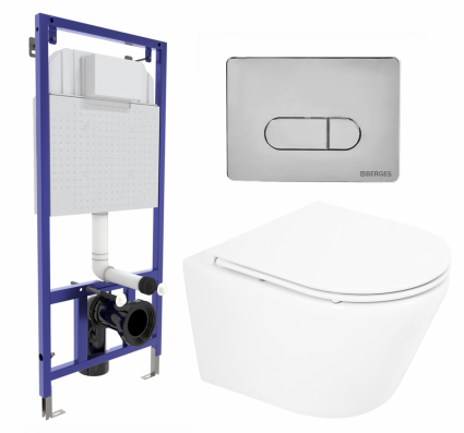 Комплект 3 в 1 инсталляция Berges Wasserhaus Novum 040233 + Унитаз подвесной BelBagno Tre BB8001CHR/SC + кнопка хром