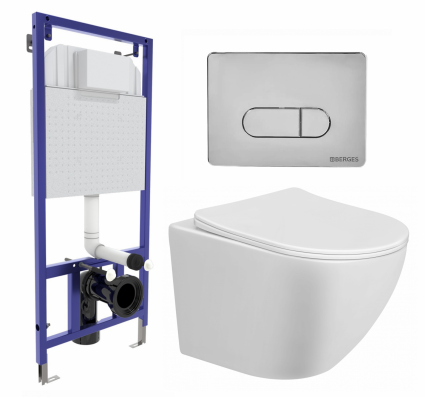 Комплект 3 в 1 инсталляция Berges Wasserhaus Novum 040233 + Унитаз подвесной Taliente Amato AM25010 + кнопка хром