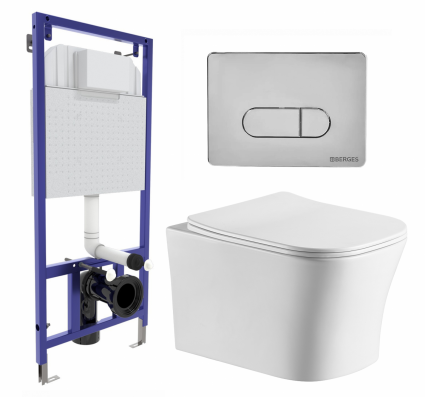 Комплект 3 в 1 инсталляция Berges Wasserhaus Novum 040233 + Подвесной унитаз CeruttiSpa Marmolada aria CT7778 + кнопка хром